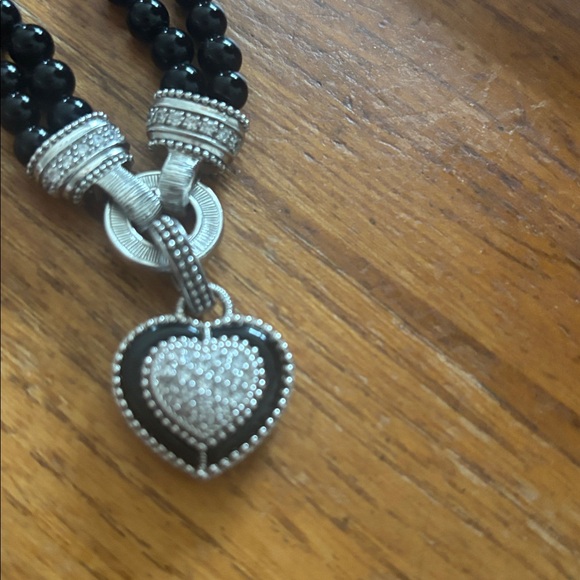 Judith Ripka double strand onyx round bead necklace CZ accents & heart pendant - Picture 10 of 10